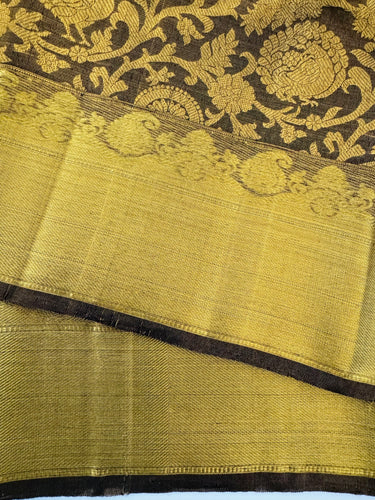 ShopNaya Exclusive | Brocade Kanchipuram Pure Silk Saree | Metallic Black | Pure Gold Zari | Handwoven | Ships from California